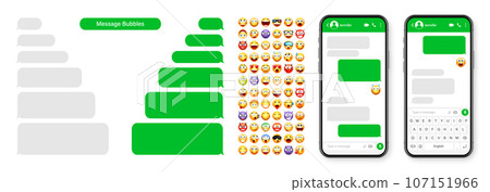 Smartphone messaging app, user interface design with emoji. SMS text frame. Chat screen with green message bubbles. Texting app for communication. Social media application. Vector illustration Smartphone messaging app, user interface design with emoji. SMS text frame. Chat screen with green message bubbles. Texting app for communication. Social media application. Vector illustration 107151966