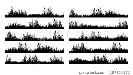 Meadow silhouettes with grass, plants on plain. Panoramic summer lawn landscape with herbs, various weeds. Herbal border, frame element. Black horizontal banners. Vector illustration Meadow silhouettes with grass, plants on plain. Panoramic summer lawn landscape with herbs, various weeds. Herbal border, frame element. Black horizontal banners. Vector illustration 107151972