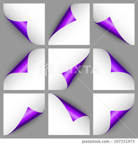 Set of violet paper curls. Curled page corner with shadow. Blank sheet of paper. Colorful shiny foil. Design element for advertising and promotion. Vector illustration. Set of violet paper curls. Curled page corner with shadow. Blank sheet of paper. Colorful shiny foil. Design element for advertising and promotion. Vector illustration. 107151973