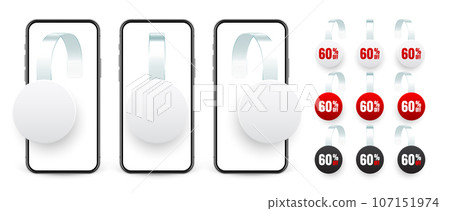 Supermarket promotional wobblers and smartphone. Realistic wobbler for shelf advertising. Sale, percent discount label. Special offer price tag. Online, web shop concept. Vector illustration Supermarket promotional wobblers and smartphone. Realistic wobbler for shelf advertising. Sale, percent discount label. Special offer price tag. Online, web shop concept. Vector illustration 107151974