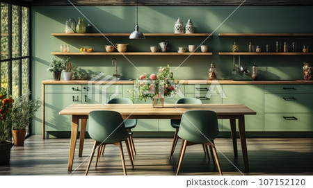 Interior of modern classic kitchen. Wooden dining table and chairs, green furniture, flowers and houseplants, crockery on the shelves, panoramic window. Contemporary home design. 3D rendering. Interior of modern classic kitchen. Wooden dining table and chairs, green furniture, flowers and houseplants, crockery on the shelves, panoramic window. Contemporary home design. 3D rendering. 107152120