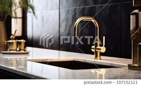 Fragment of a modern luxury kitchen. Marble countertop with built-in sink, gold faucet, black backsplash, flowers in a vase. Close-up. Contemporary interior design. 3D rendering. Fragment of a modern luxury kitchen. Marble countertop with built-in sink, gold faucet, black backsplash, flowers in a vase. Close-up. Contemporary interior design. 3D rendering. 107152121