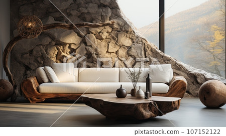 Interior of modern cozy living room with rustic decor in luxury villa. Stylish sofa, rough wooden coffee table, vases and jugs, decorative stone wall, panoramic window. Eco home design. 3D rendering. Interior of modern cozy living room with rustic decor in luxury villa. Stylish sofa, rough wooden coffee table, vases and jugs, decorative stone wall, panoramic window. Eco home design. 3D rendering. 107152122