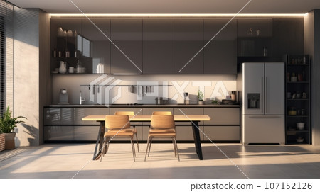 Modern minimalist kitchen interior. Gray flat facades, stone countertop, built-in home appliances, big fridge, work surface lighting. Dining area. Contemporary home design. 3D rendering. 107152126