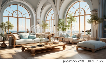 Interior of elegant modern living room in luxury villa. Stylish cushioned furniture, wooden coffee table, houseplants, arch windows overlooking beautiful seascape. Hollywood glamor in home design. Interior of elegant modern living room in luxury villa. Stylish cushioned furniture, wooden coffee table, houseplants, arch windows overlooking beautiful seascape. Hollywood glamor in home design. 107152127