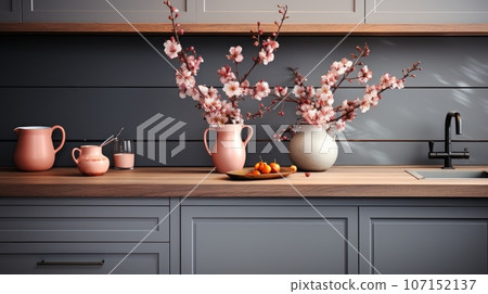 Fragment of modern classic gray kitchen. Wooden countertop with built-in sink and black faucet. Elegant jugs with pink flowering branches. Contemporary interior design. 3D rendering. 107152137