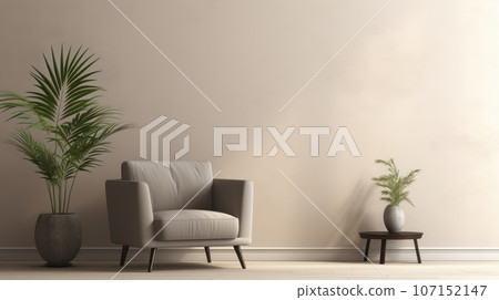 Fragment of modern minimalist monochrome living room in gray tones. Trendy armchair, coffee table, decorative houseplant in a floor pot. Creative interior design. Mockup, 3D rendering. Fragment of modern minimalist monochrome living room in gray tones. Trendy armchair, coffee table, decorative houseplant in a floor pot. Creative interior design. Mockup, 3D rendering. 107152147
