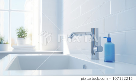 Fragment of a modern luxury bathroom with white walls. White countertop sink with chrome faucet, soap dispenser. Close-up. Contemporary interior design. 3D rendering. Fragment of a modern luxury bathroom with white walls. White countertop sink with chrome faucet, soap dispenser. Close-up. Contemporary interior design. 3D rendering. 107152215