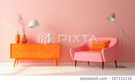 Stylish monochrome interior of modern living room in pastel orange and pink tones. Trendy armchair, floor lamp, commode, decorative vases. Creative home design. Mockup, 3D rendering. Stylish monochrome interior of modern living room in pastel orange and pink tones. Trendy armchair, floor lamp, commode, decorative vases. Creative home design. Mockup, 3D rendering. 107152216
