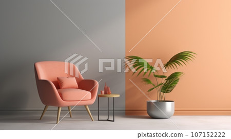 Fragment of modern minimalist living room in pastel orange, pink and gray tones. Trendy armchair, coffee table, decorative houseplant in a floor pot. Creative interior design. Mockup, 3D rendering. Fragment of modern minimalist living room in pastel orange, pink and gray tones. Trendy armchair, coffee table, decorative houseplant in a floor pot. Creative interior design. Mockup, 3D rendering. 107152222