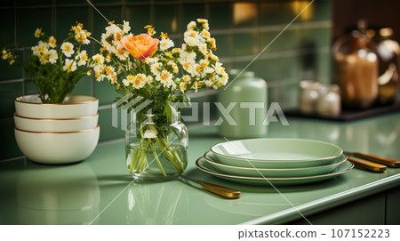 Fragment of modern classic green kitchen. Glossy countertop, tile backsplash, wildflowers in a jar, various crockery and tableware. Contemporary home design. 3D rendering. Fragment of modern classic green kitchen. Glossy countertop, tile backsplash, wildflowers in a jar, various crockery and tableware. Contemporary home design. 3D rendering. 107152223