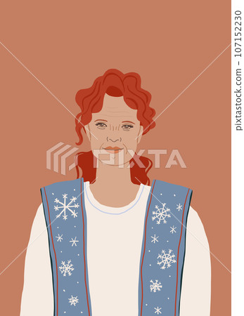 Cute illustration of the old granny in cozy clothing. Redhead beautiful smiling woman portrait. Vector illustration Cute illustration of the old granny in cozy clothing. Redhead beautiful smiling woman portrait. Vector illustration 107152230