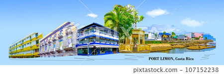 Port Limon - seaport in Costa Rica. Sea and blue sky. Collage 107152238