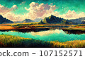 Lake and rocky mountains. Illustration with mountain scenery. 107152571