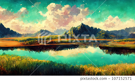 Lake and rocky mountains. Illustration with mountain scenery. 107152571