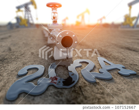Oil pump line  tubes with  spilled oil in a form os 2024 and pump jacks. Happy new 2024 year for oil industry. 107152667