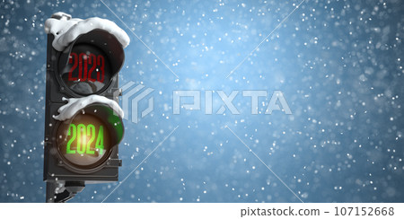 Happy new year 2024. Traffic light with green light 2024 and red 2023 on sky background. 107152668