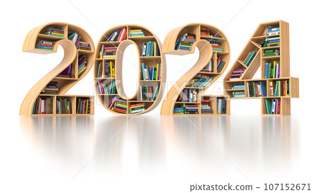 Happy 2024 new year education concept. Bookshelves with books in the form of text 2024. Happy 2024 new year education concept. Bookshelves with books in the form of text 2024. 107152671