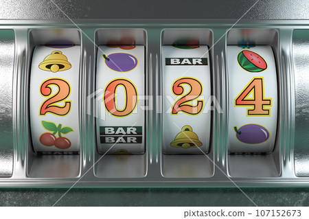 2024 Happy New Year in casino. Slot machine with jackpot number 2024. 2024 Happy New Year in casino. Slot machine with jackpot number 2024. 107152673