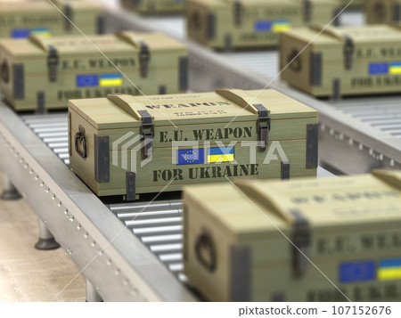 Military production, supply and delivery EU aeuropean weapon for Ukraine. Weapon box with flags of European Union and Ukraine on conveyor belt. 107152676