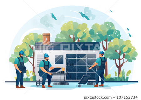 Workers install solar panels 107152734