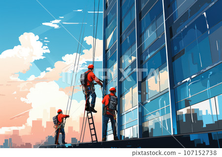 Cleaners workers washing windows 107152738