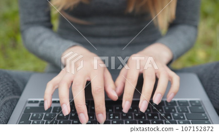 Hands Typing On Laptop Keyboard.Freelancer Internet Online Meeting Webinar.Woman Freelance With Computer Outdoors.Study Online Work Typing Email.Businesswoman Remote Working In Internet Distance Job 107152872