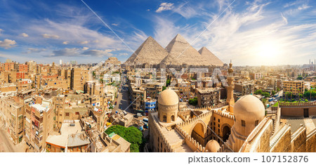 Aerial view of Cairo, the Pyramids, Mosque of Ibn Tulun and other sights of the capital of Egypt 107152876
