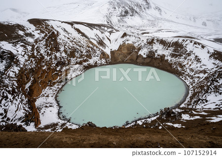 Viti Crater and Lake with snow in Vatnajokull National Park, Iceland. Viti Crater and Lake with snow in Vatnajokull National Park, Iceland. 107152914