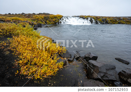 Grafarlandsfoss falls amidst autumn vegetation and black lava fields, Iceland. Grafarlandsfoss falls amidst autumn vegetation and black lava fields, Iceland. 107152933