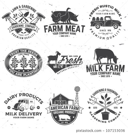Set of gardening and yard work services and American Farm Badge or Label. Vector. Vintage typography design with chicken, pig, cow, hand secateurs, garden pruner, watering can, bear with rake and 107153036