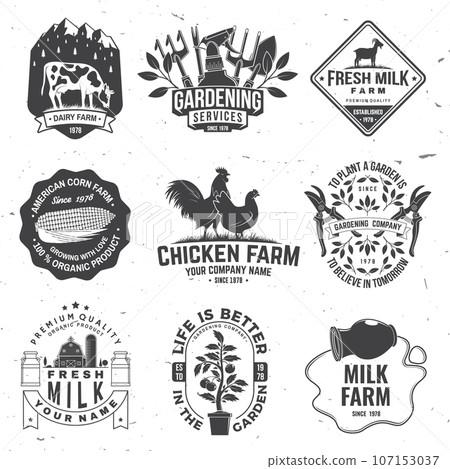 Set of gardening and yard work services and American Farm Badge or Label. Vector. Vintage typography design with chicken, pig, cow, hand secateurs, garden pruner, watering can, bear with rake and 107153037