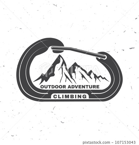 Climbing badge, logo design. Vector. Concept for shirt or logo, print, stamp or tee. Vintage typography design with mountain and carabiner silhouette. Outdoors adventure 107153043