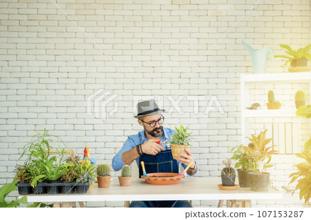 A senior man or grandfather with a mustache enjoys gardening for the tree at home after retirement A senior man or grandfather with a mustache enjoys gardening for the tree at home after retirement 107153287