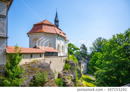 Old medieval castle Valdstejn with The Chapel of the Saint John of Nepomuk in the heart of Bohemian Paradise, Czech Republic 107153292