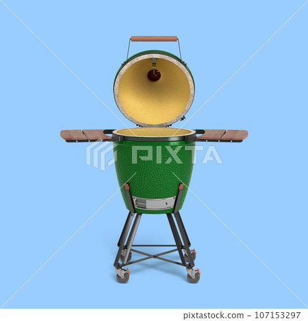 Barbecue green color with lid BBQ grill for outdoor prepare meat food front view 3d illustration on blue 107153297
