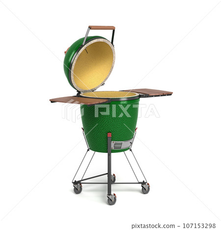 Barbecue green color with lid BBQ grill for outdoor prepare meat food perspective view 3d illustration on white 107153298