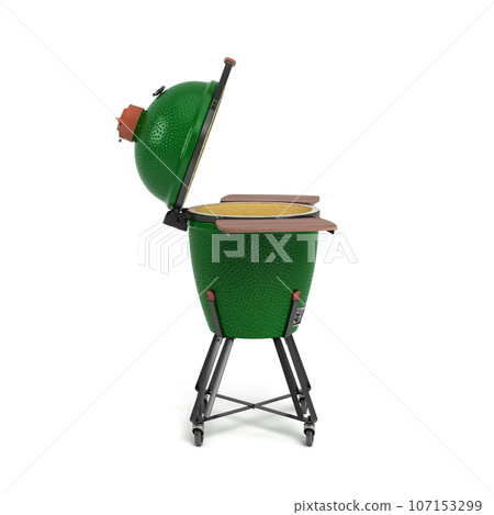 Barbecue green color with lid BBQ grill for outdoor prepare meat food right view 3d illustration on white Barbecue green color with lid BBQ grill for outdoor prepare meat food right view 3d illustration on white 107153299
