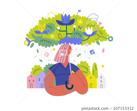 Greenery, ecology -modern flat vector concept illustration of a woman under the green lush umbrella of plants and flowers. Metaphor of environmental sustainability and protection, closeness to nature 107153312