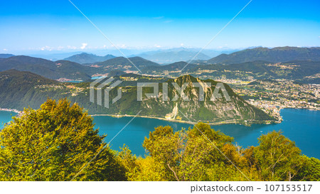 Lugano Lake, Italian: Lago di Lugano, and Lugano city. Lookout from Balcony of Italy on Mount Sighignola. Italy and Switzerland 107153517