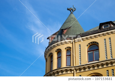 Latvian tourist landmark attraction - cat house in Riga, Latvia. Latvian tourist landmark attraction - cat house in Riga, Latvia. 107153681