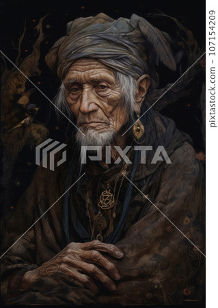 Portrait of an old shaman. Generated by Ai 107154209