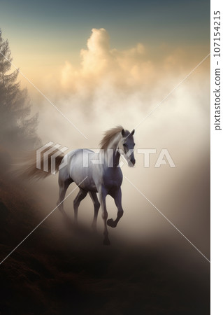 A white horse gallops out of the fog in the rays of the morning rising sun. Generated by Ai 107154215