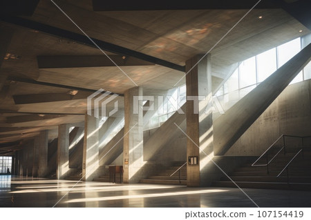 The inside of an abstract concrete building with two rays of light hitting the floor. Generative AI 107154419