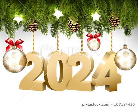 Happy New Year and Christmas holiday frame with branches of tree garland and 2024 litters and transparent balls. Vector. 107154436