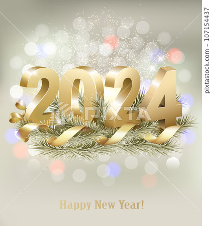 Merry Christmas and Happy New Year 2024. Golden 3D numbers with gold ribbon and branch of christmas tree. Vector 107154437