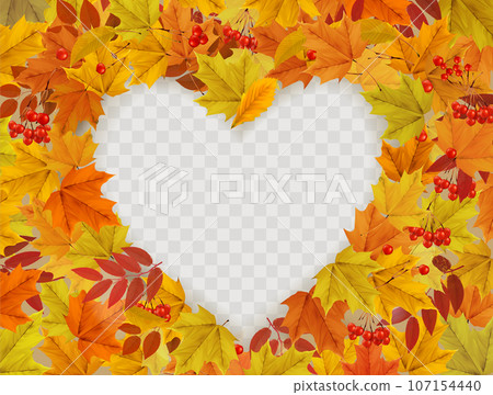 Autumn nature frame with colorful autumn leaves a heart shape on a transparent background. Vector Autumn nature frame with colorful autumn leaves a heart shape on a transparent background. Vector 107154440