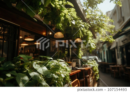 Cozy coffee shop clean minimalistic foliage natural light. Generative AI 107154493