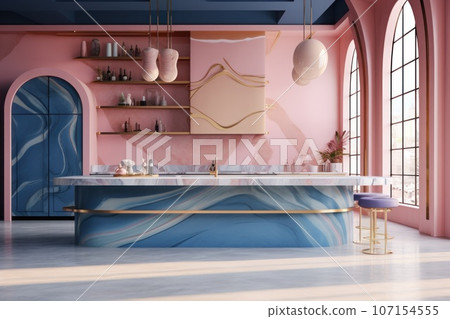 kitchen design, in the style of light pink and light indigo bold curves marble. Generative AI 107154555