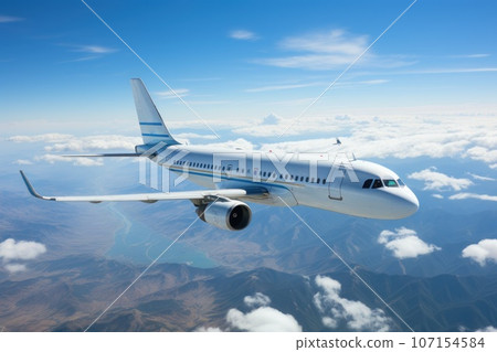 Passenger jet airplane flying above clouds. Generative AI 107154584